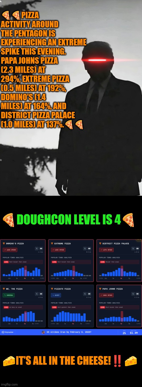 Pizza Pentagon activity:  DOUGHCON level is 4 | 🍕🍕PIZZA ACTIVITY AROUND THE PENTAGON IS EXPERIENCING AN EXTREME SPIKE THIS EVENING. PAPA JOHNS PIZZA (2.3 MILES) AT 294%, EXTREME PIZZA (0.5 MILES) AT 192%, DOMINO'S (1.4 MILES) AT 164%, AND DISTRICT PIZZA PALACE (1.0 MILES) AT 137%.🍕🍕; 🍕DOUGHCON LEVEL IS 4🍕; 🧀IT’S ALL IN THE CHEESE!‼️🧀 | image tagged in trump,pentagon,pizza,iran,cuba,national security | made w/ Imgflip meme maker