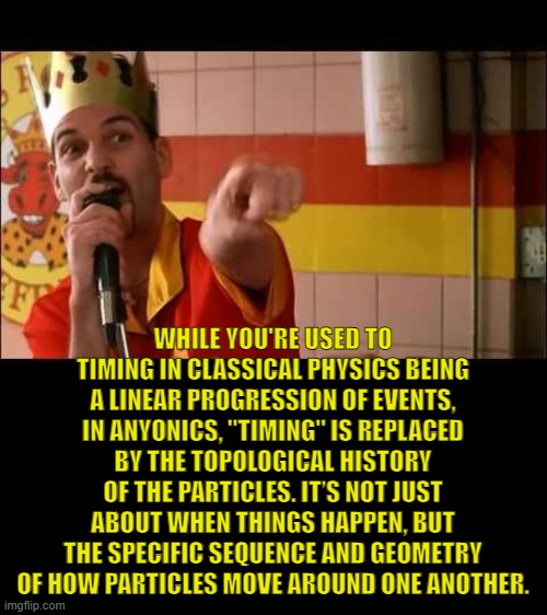 Burger Space | WHILE YOU'RE USED TO TIMING IN CLASSICAL PHYSICS BEING A LINEAR PROGRESSION OF EVENTS, IN ANYONICS, "TIMING" IS REPLACED BY THE TOPOLOGICAL HISTORY OF THE PARTICLES. IT’S NOT JUST ABOUT WHEN THINGS HAPPEN, BUT THE SPECIFIC SEQUENCE AND GEOMETRY OF HOW PARTICLES MOVE AROUND ONE ANOTHER. | image tagged in half baked | made w/ Imgflip meme maker