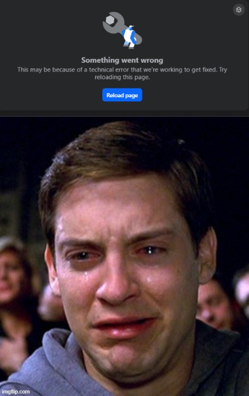 Something went wrong | image tagged in crying peter parker,facebook,reload page | made w/ Imgflip meme maker