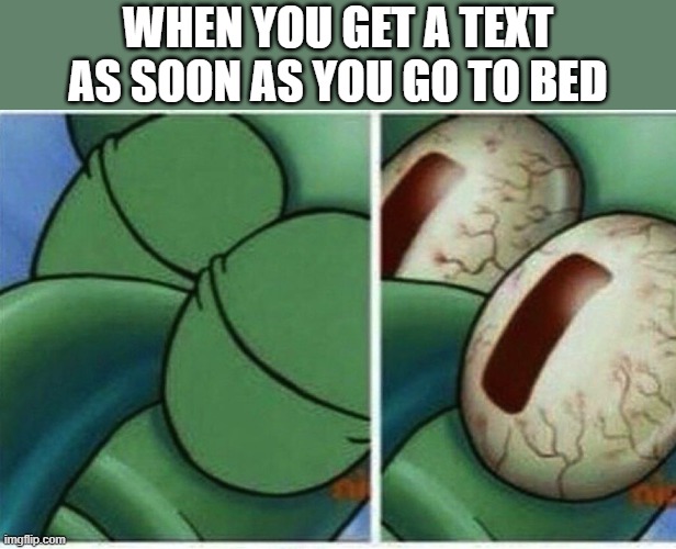 Ugh... | WHEN YOU GET A TEXT AS SOON AS YOU GO TO BED | image tagged in squidward,relatable,trying to sleep | made w/ Imgflip meme maker