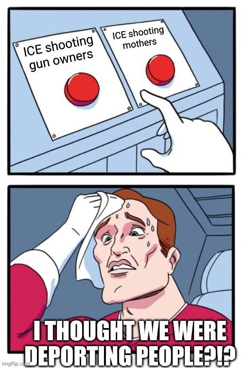 Mission creep to murder | ICE shooting mothers; ICE shooting gun owners; I THOUGHT WE WERE DEPORTING PEOPLE?!? | image tagged in memes,two buttons,ice,alex pretti,renee good,deportation | made w/ Imgflip meme maker