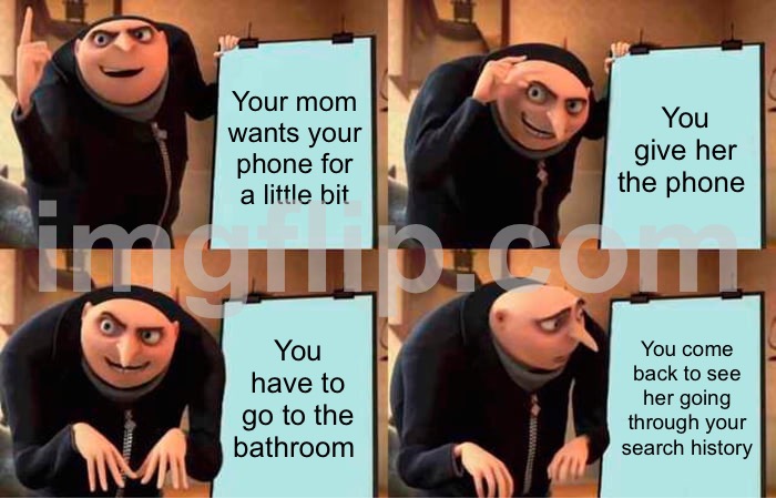 Image title | Your mom wants your phone for a little bit; You give her the phone; You have to go to the bathroom; You come back to see her going through your search history | image tagged in memes,gru's plan,search history | made w/ Imgflip meme maker