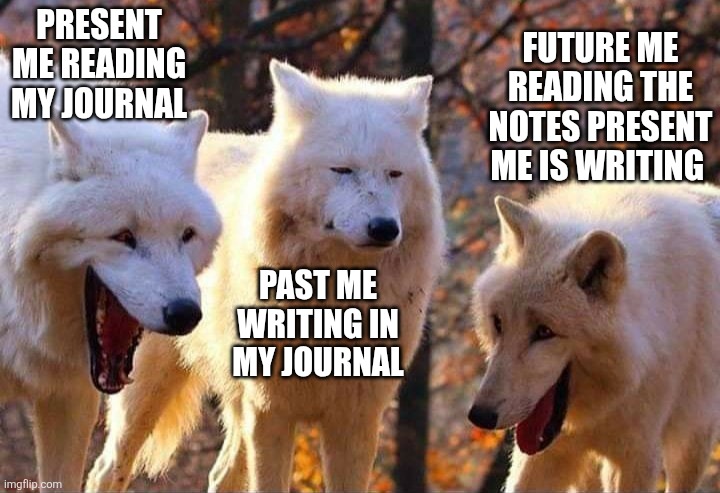 Dumbahh | PRESENT ME READING MY JOURNAL; FUTURE ME READING THE NOTES PRESENT ME IS WRITING; PAST ME WRITING IN MY JOURNAL | image tagged in laughing wolf | made w/ Imgflip meme maker