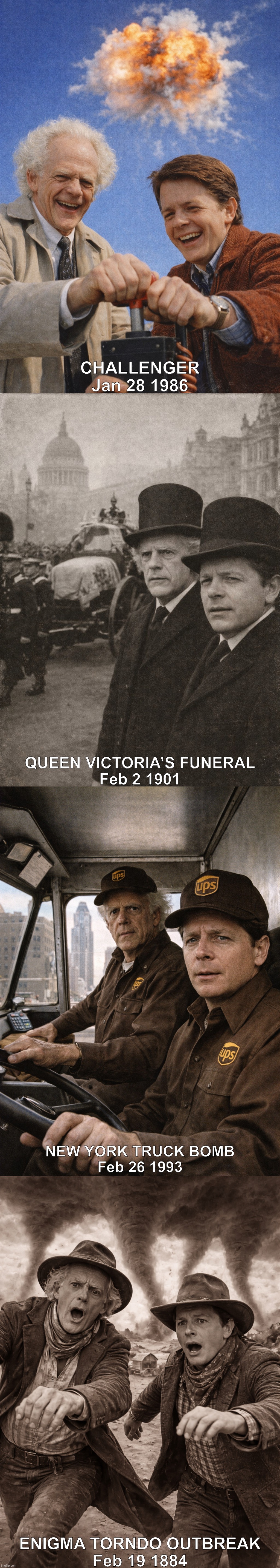 What if Doc and Marty were at famous events? (Imagined via AI) | CHALLENGER
Jan 28 1986; QUEEN VICTORIA’S FUNERAL
Feb 2 1901; NEW YORK TRUCK BOMB
Feb 26 1993; ENIGMA TORNDO OUTBREAK
Feb 19 1884 | image tagged in memes,funny,history,back to the future,time travel,ai generated | made w/ Imgflip meme maker