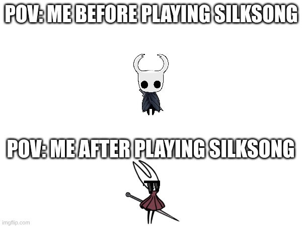 200% Silksong | POV: ME BEFORE PLAYING SILKSONG; POV: ME AFTER PLAYING SILKSONG | image tagged in hollow knight,silksong,hornet,knight,the dark knight | made w/ Imgflip meme maker