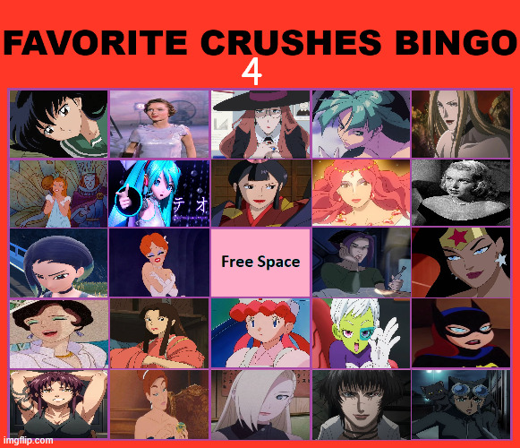 favorite crushes bingo 4 | 4 | image tagged in favorite crushes bingo,bingos,movies,videogames,anime,studio ghibli | made w/ Imgflip meme maker
