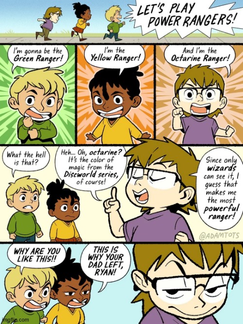 image tagged in kids,power rangers,green,yellow,octarine,discworld | made w/ Imgflip meme maker