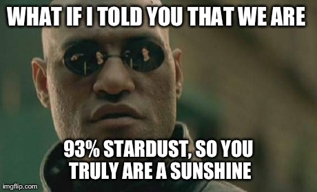 Matrix Morpheus Meme | WHAT IF I TOLD YOU THAT WE ARE  93% STARDUST, SO YOU TRULY ARE A SUNSHINE | image tagged in memes,matrix morpheus | made w/ Imgflip meme maker