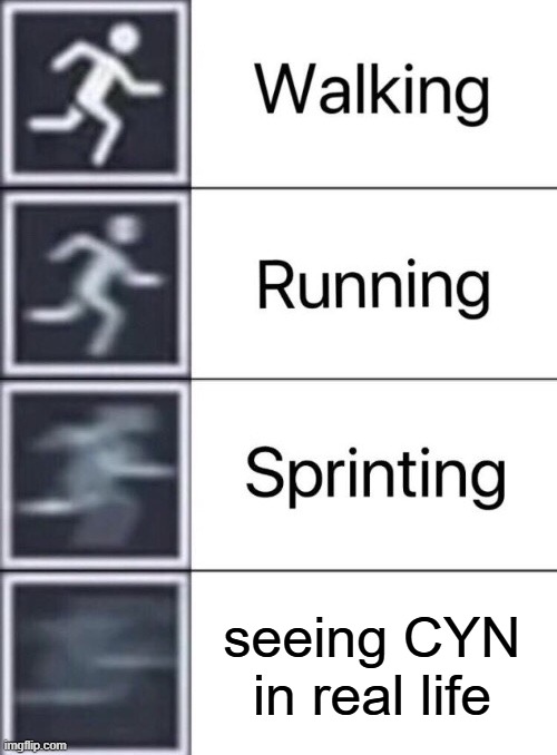 Walking, Running, Sprinting | seeing CYN in real life | image tagged in walking running sprinting | made w/ Imgflip meme maker