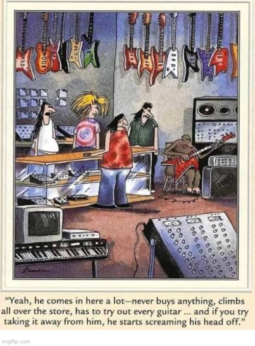 Later in the day the monkey played “Stairway to Heaven” for everyone… | image tagged in the far side,comics,music store,guitars,monkey,screaming | made w/ Imgflip meme maker