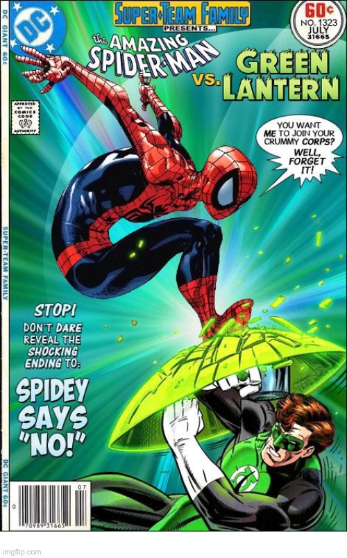 image tagged in comics,spiderman,green lantern,crossover,super team family | made w/ Imgflip meme maker