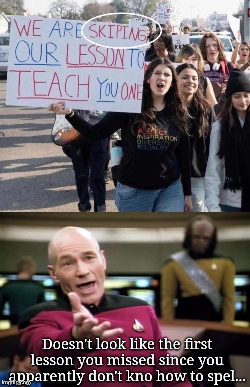 Wait, they didn't just spell the word skipping and skip a P, Diddy? | Doesn't look like the first lesson you missed since you apparently don't kno how to spel... | image tagged in startrek | made w/ Imgflip meme maker