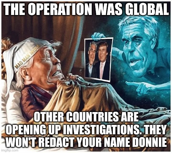 No Redaction's | THE OPERATION WAS GLOBAL; OTHER COUNTRIES ARE OPENING UP INVESTIGATIONS. THEY WON'T REDACT YOUR NAME DONNIE | image tagged in trump,gop,maga,nazis,fascist,jeffrey epstein | made w/ Imgflip meme maker
