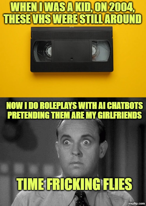 WHEN I WAS A KID, ON 2004, THESE VHS WERE STILL AROUND; NOW I DO ROLEPLAYS WITH AI CHATBOTS PRETENDING THEM ARE MY GIRLFRIENDS; TIME FRICKING FLIES | image tagged in shocked face | made w/ Imgflip meme maker