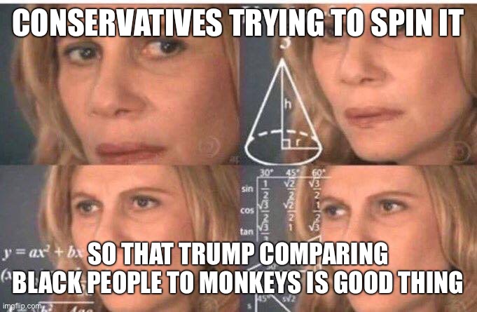Math lady/Confused lady | CONSERVATIVES TRYING TO SPIN IT; SO THAT TRUMP COMPARING BLACK PEOPLE TO MONKEYS IS GOOD THING | image tagged in math lady/confused lady | made w/ Imgflip meme maker