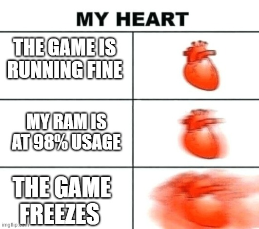 uh oh | THE GAME IS RUNNING FINE; MY RAM IS AT 98% USAGE; THE GAME FREEZES | image tagged in heart rate | made w/ Imgflip meme maker
