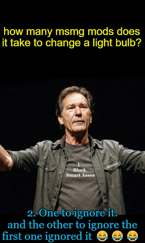 kewlew | how many msmg mods does it take to change a light bulb? 2. One to ignore it.
and the other to ignore the first one ignored it 😂😂😂 | image tagged in kewlew | made w/ Imgflip meme maker