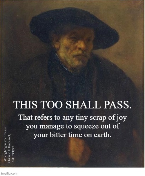 indeed | THIS TOO SHALL PASS. That refers to any tiny scrap of joy
you manage to squeeze out of
your bitter time on earth. Half-length figure of an old man,
Attributed to Rembrandt,
1654: minkpen | image tagged in art memes,life,life sucks,nihilism,inspirational quote | made w/ Imgflip meme maker