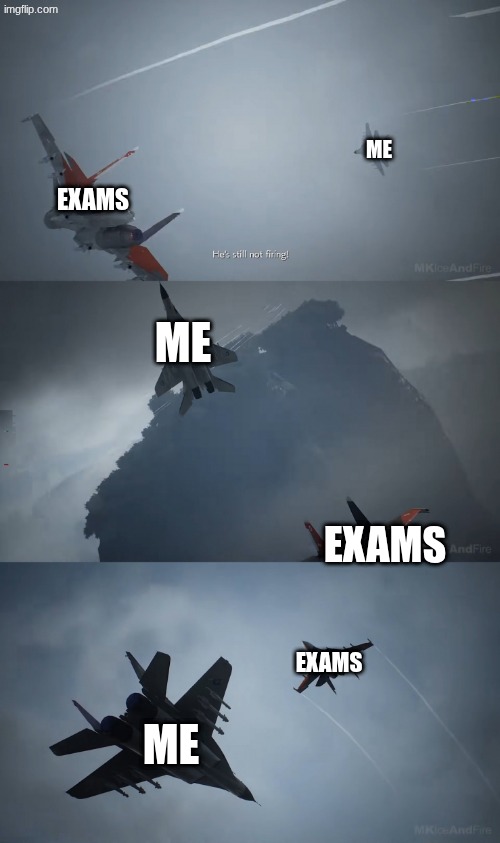 ace combat 7 | ME; EXAMS; ME; EXAMS; EXAMS; ME | image tagged in ace combat 7 | made w/ Imgflip meme maker