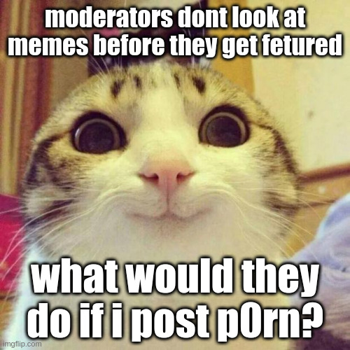 bored | moderators dont look at memes before they get fetured; what would they do if i post p0rn? | image tagged in memes,smiling cat,shitpost | made w/ Imgflip meme maker