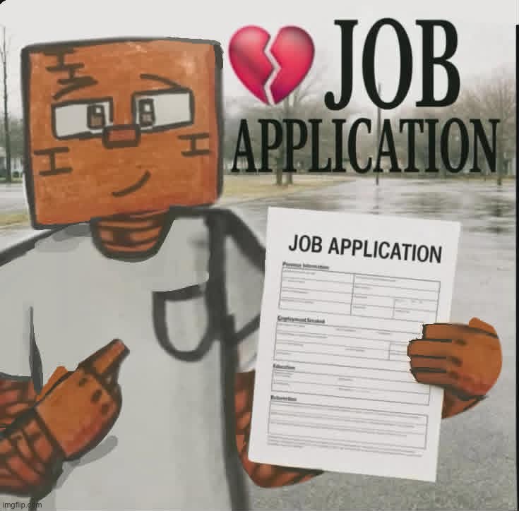 my friend (who did the bricky alpha wolf hoodie) did this | image tagged in bricky,job application | made w/ Imgflip meme maker