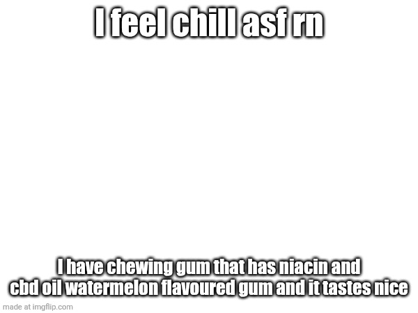 I feel chill asf rn; I have chewing gum that has niacin and cbd oil watermelon flavoured gum and it tastes nice | made w/ Imgflip meme maker