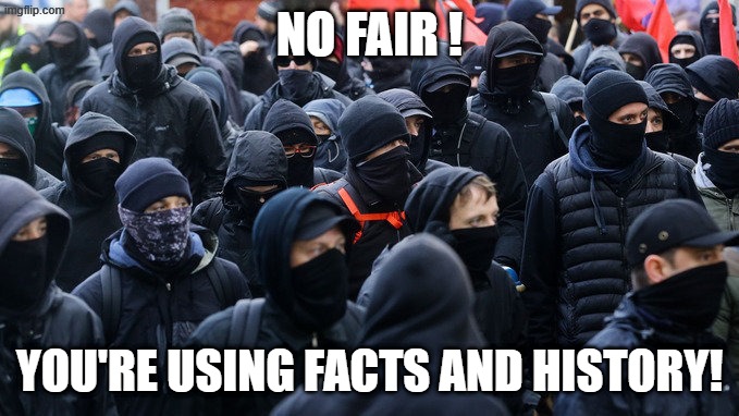 Antifa declared terrorist group | NO FAIR ! YOU'RE USING FACTS AND HISTORY! | image tagged in antifa declared terrorist group | made w/ Imgflip meme maker