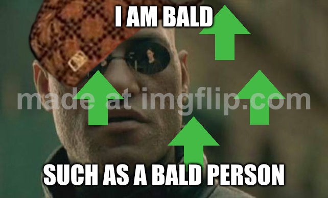 Memer group | I AM BALD; SUCH AS A BALD PERSON | image tagged in memes,matrix morpheus | made w/ Imgflip meme maker