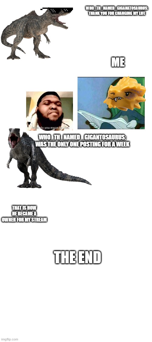 true story | WHO_TH_NAMED_GIGANATOSAURUS:
THANK YOU FOR CHANGING MY LIFE; ME; WHO_TH_NAMED _GIGANTOSAURUS: WAS THE ONLY ONE POSTING FOR A WEEK; THAT IS HOW HE BECAME A OWNER FOR MY STREAM; THE END | image tagged in true story | made w/ Imgflip meme maker