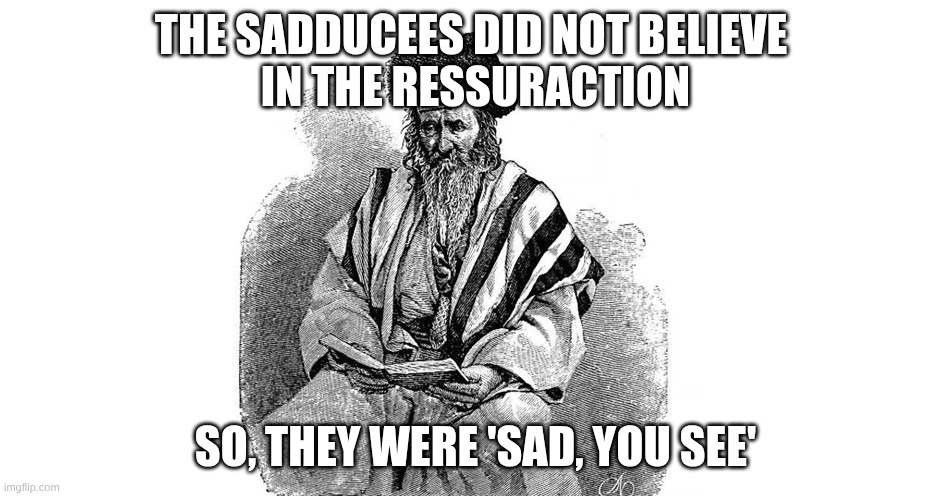 sadducees | THE SADDUCEES DID NOT BELIEVE 
IN THE RESSURACTION; SO, THEY WERE 'SAD, YOU SEE' | made w/ Imgflip meme maker