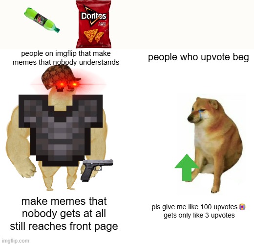 Buff Doge vs. Cheems Meme | people on imgflip that make memes that nobody understands people who upvote beg make memes that nobody gets at all still reaches front page  | image tagged in memes,buff doge vs cheems | made w/ Imgflip meme maker