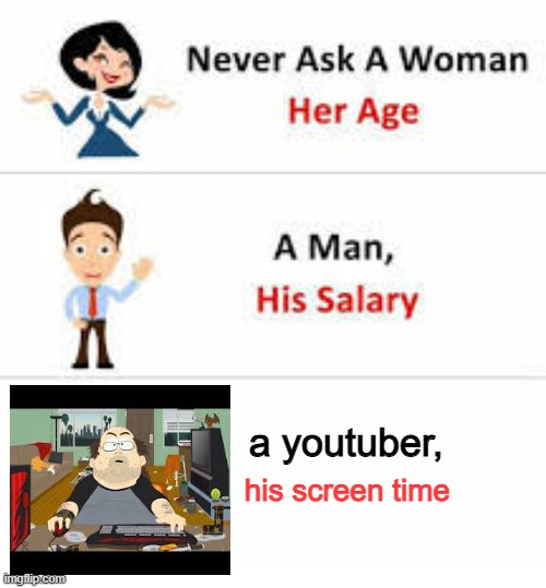 true dat | a youtuber, his screen time | image tagged in never ask a woman her age,gaming | made w/ Imgflip meme maker