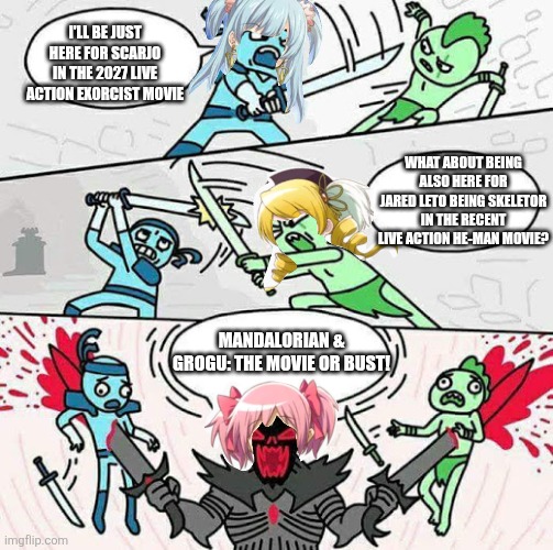 Sword fight | I'LL BE JUST HERE FOR SCARJO IN THE 2027 LIVE ACTION EXORCIST MOVIE; WHAT ABOUT BEING ALSO HERE FOR JARED LETO BEING SKELETOR IN THE RECENT LIVE ACTION HE-MAN MOVIE? MANDALORIAN & GROGU: THE MOVIE OR BUST! | image tagged in sword fight,he-man,scarlett johansson,the mandalorian,jared leto,baby yoda | made w/ Imgflip meme maker