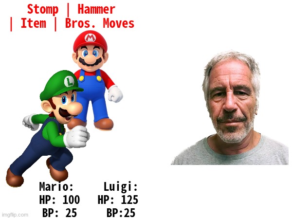 Vote for mario's action (context in comments) | Stomp | Hammer | Item | Bros. Moves; Mario:     Luigi:
HP: 100   HP: 125
BP: 25     BP:25 | made w/ Imgflip meme maker