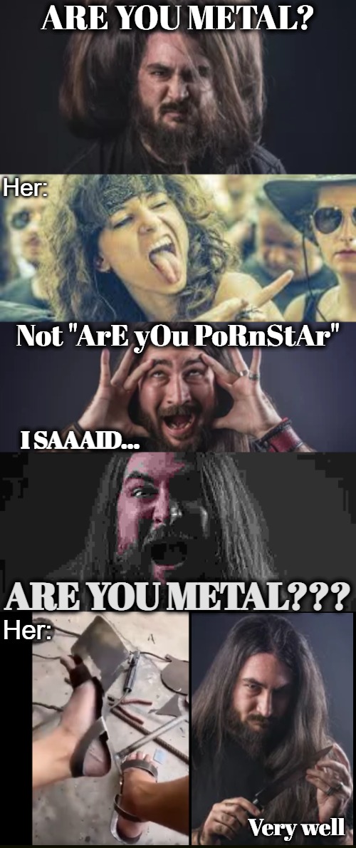 Never mind the guy-feet | ARE YOU METAL? Her:; Not "ArE yOu PoRnStAr"; I SAAAID... ARE YOU METAL??? Her:; Very well | image tagged in metal,music,funny,culture | made w/ Imgflip meme maker