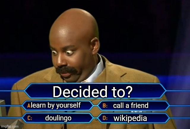 Who wants to be a millionaire? | Decided to? learn by yourself; call a friend; wikipedia; doulingo | image tagged in who wants to be a millionaire | made w/ Imgflip meme maker