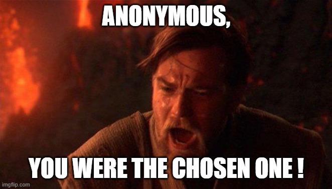 You Were The Chosen One (Star Wars) Meme | ANONYMOUS, YOU WERE THE CHOSEN ONE ! | image tagged in memes,you were the chosen one star wars | made w/ Imgflip meme maker