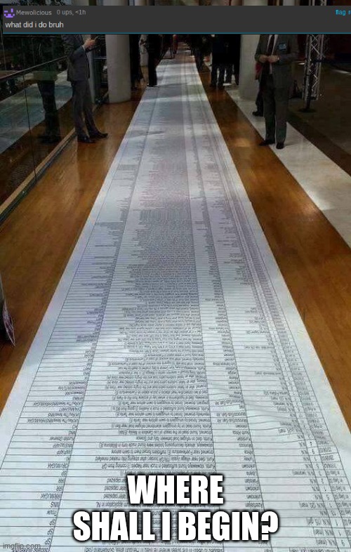 really long list | WHERE SHALL I BEGIN? | image tagged in really long list | made w/ Imgflip meme maker