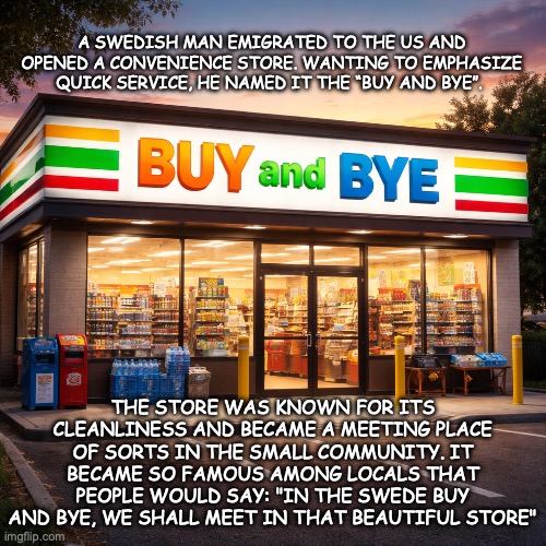 Sweet bye and bye | A SWEDISH MAN EMIGRATED TO THE US AND OPENED A CONVENIENCE STORE. WANTING TO EMPHASIZE QUICK SERVICE, HE NAMED IT THE “BUY AND BYE”. THE STORE WAS KNOWN FOR ITS CLEANLINESS AND BECAME A MEETING PLACE OF SORTS IN THE SMALL COMMUNITY. IT BECAME SO FAMOUS AMONG LOCALS THAT PEOPLE WOULD SAY: "IN THE SWEDE BUY AND BYE, WE SHALL MEET IN THAT BEAUTIFUL STORE" | image tagged in puns | made w/ Imgflip meme maker