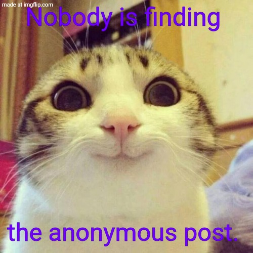Lambago | Nobody is finding; the anonymous post. | image tagged in memes,smiling cat | made w/ Imgflip meme maker