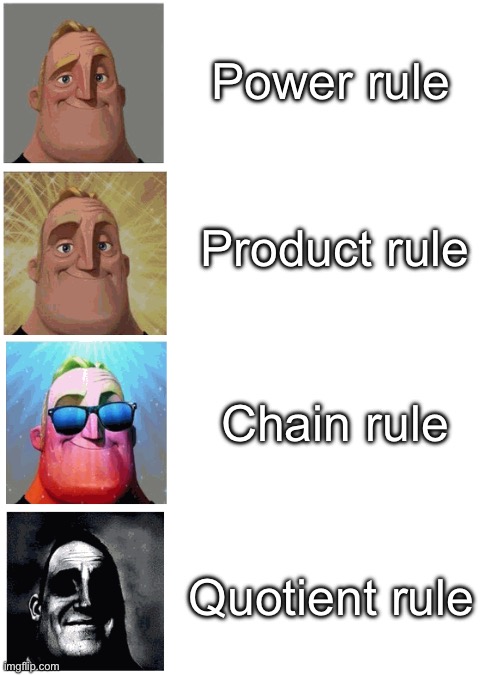 Derivative techniques | Power rule; Product rule; Chain rule; Quotient rule | image tagged in mr incredible canny then suddenly uncanny | made w/ Imgflip meme maker
