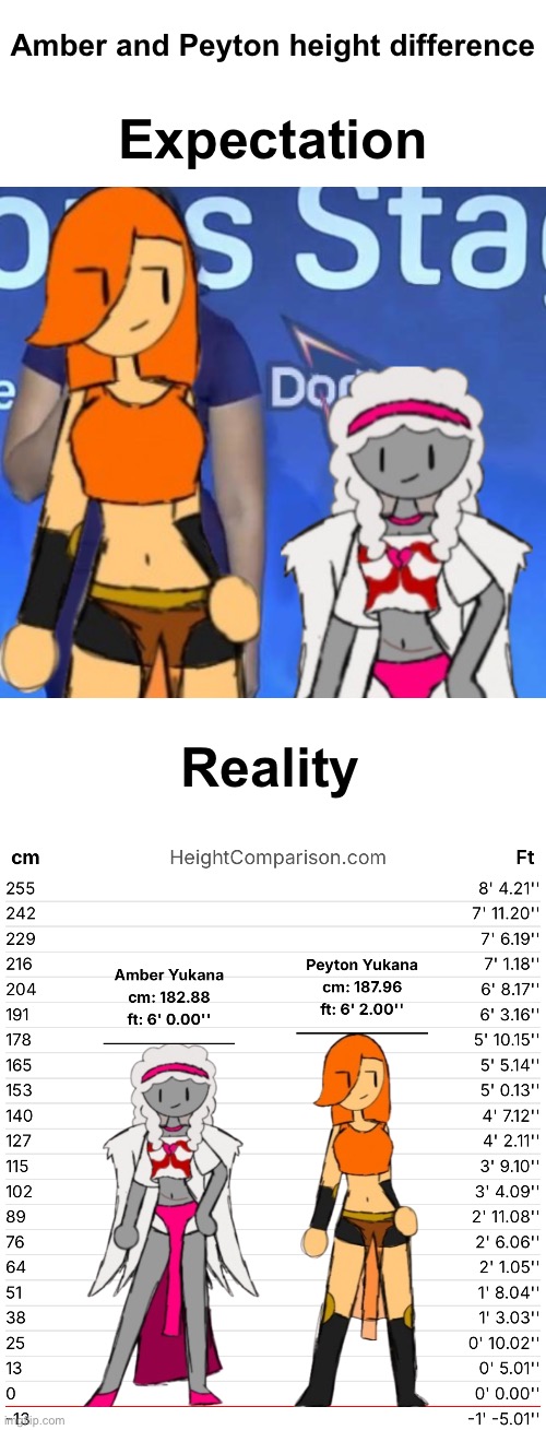 Peyton is only 2 inches taller | Amber and Peyton height difference; Expectation; Reality | image tagged in meme | made w/ Imgflip meme maker