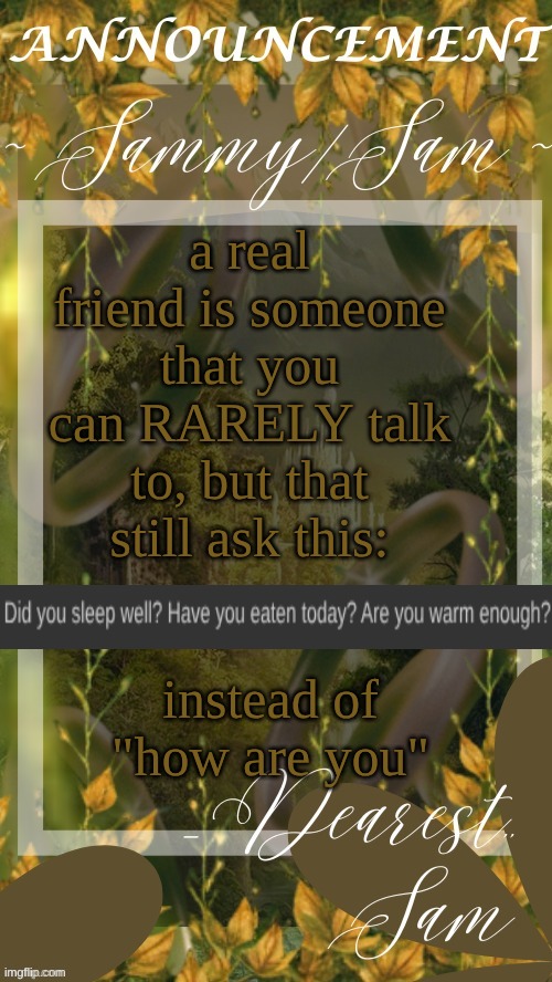 that's how you properly ask a depressed person how they're doing, its also how you gain their trust and comfort in you | a real friend is someone that you can RARELY talk to, but that still ask this:; instead of "how are you" | image tagged in sams lotr temp thx v | made w/ Imgflip meme maker