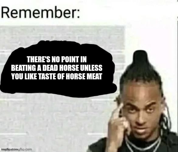 if it's not in msmg, it's not our problem | THERE'S NO POINT IN BEATING A DEAD HORSE UNLESS YOU LIKE TASTE OF HORSE MEAT | image tagged in if it's not in msmg it's not our problem | made w/ Imgflip meme maker