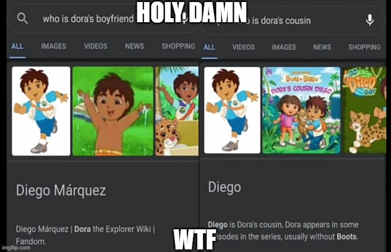 uhhh diego isn't dora's boyfriend | HOLY DAMN; WTF | image tagged in cursed diego searches | made w/ Imgflip meme maker