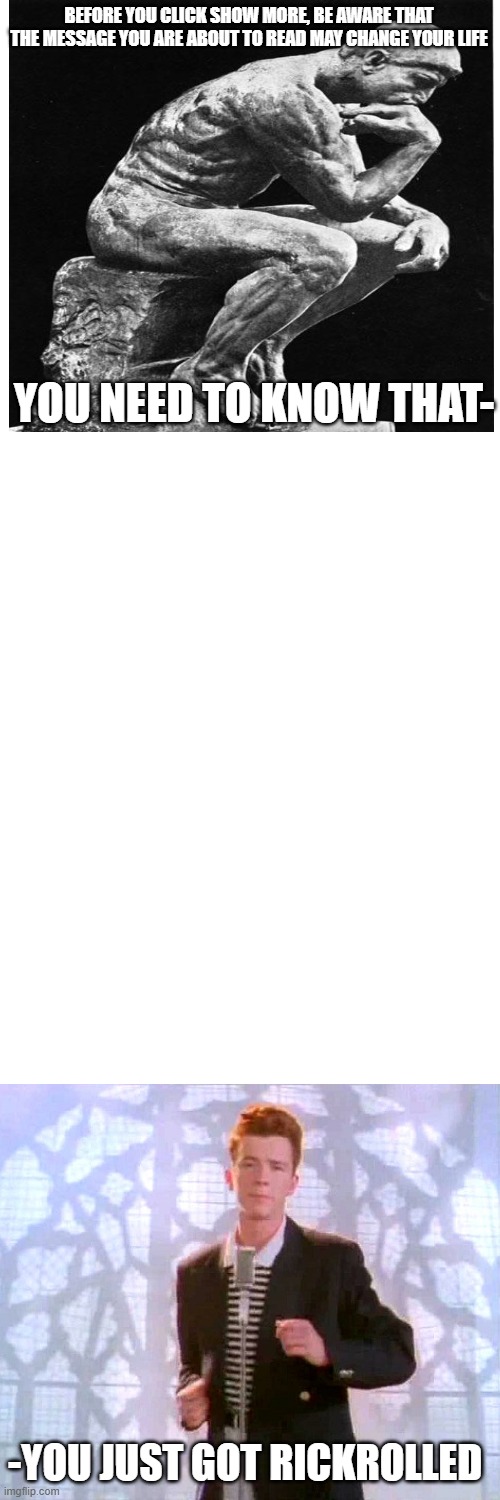 deep message hidden | BEFORE YOU CLICK SHOW MORE, BE AWARE THAT THE MESSAGE YOU ARE ABOUT TO READ MAY CHANGE YOUR LIFE; YOU NEED TO KNOW THAT-; -YOU JUST GOT RICKROLLED | image tagged in blank white template,memes,funny memes,funny,meme,rickroll | made w/ Imgflip meme maker