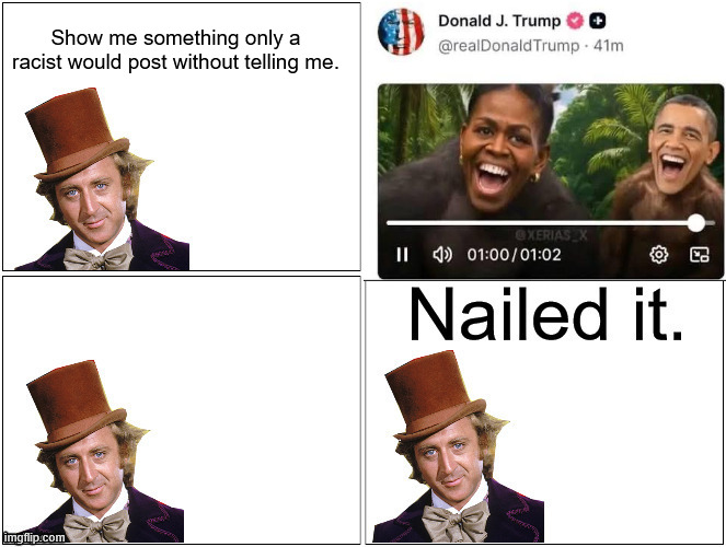 Nailed It Wonka | Show me something only a racist would post without telling me. | image tagged in nailed it wonka | made w/ Imgflip meme maker