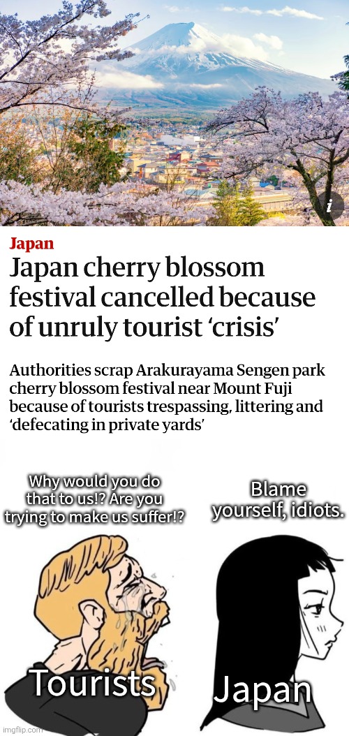 At this rate, Japan might ban Tourists, because the Tourist situations happened everyday in Japan. | Why would you do that to us!? Are you trying to make us suffer!? Blame yourself, idiots. Japan; Tourists | image tagged in crying chad vs girl,japan,tourists | made w/ Imgflip meme maker