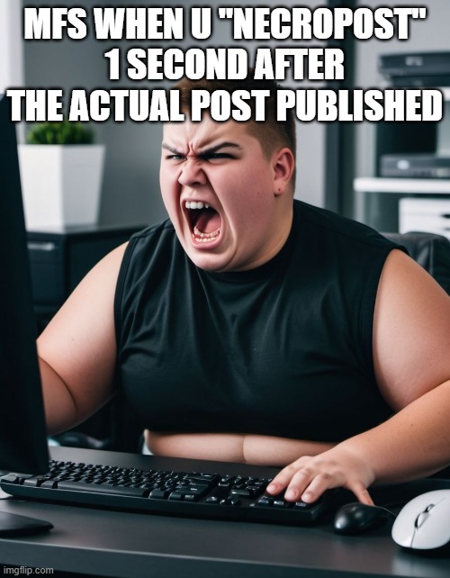potato | MFS WHEN U "NECROPOST" 1 SECOND AFTER THE ACTUAL POST PUBLISHED | image tagged in fat teen boy scream angry computer | made w/ Imgflip meme maker