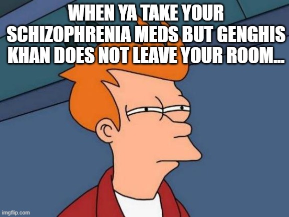 Futurama Fry Meme | WHEN YA TAKE YOUR SCHIZOPHRENIA MEDS BUT GENGHIS KHAN DOES NOT LEAVE YOUR ROOM... | image tagged in memes,futurama fry | made w/ Imgflip meme maker